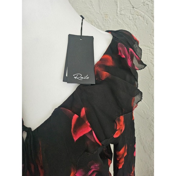 RAILS Nicoletta Ruffle-Sleeve Black Red Top Women's Size Small NWT MFRP $228 - Picture 4 of 11